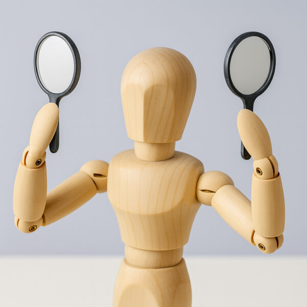 頭頂部は見えづらいために手鏡を使おうとしている木人形